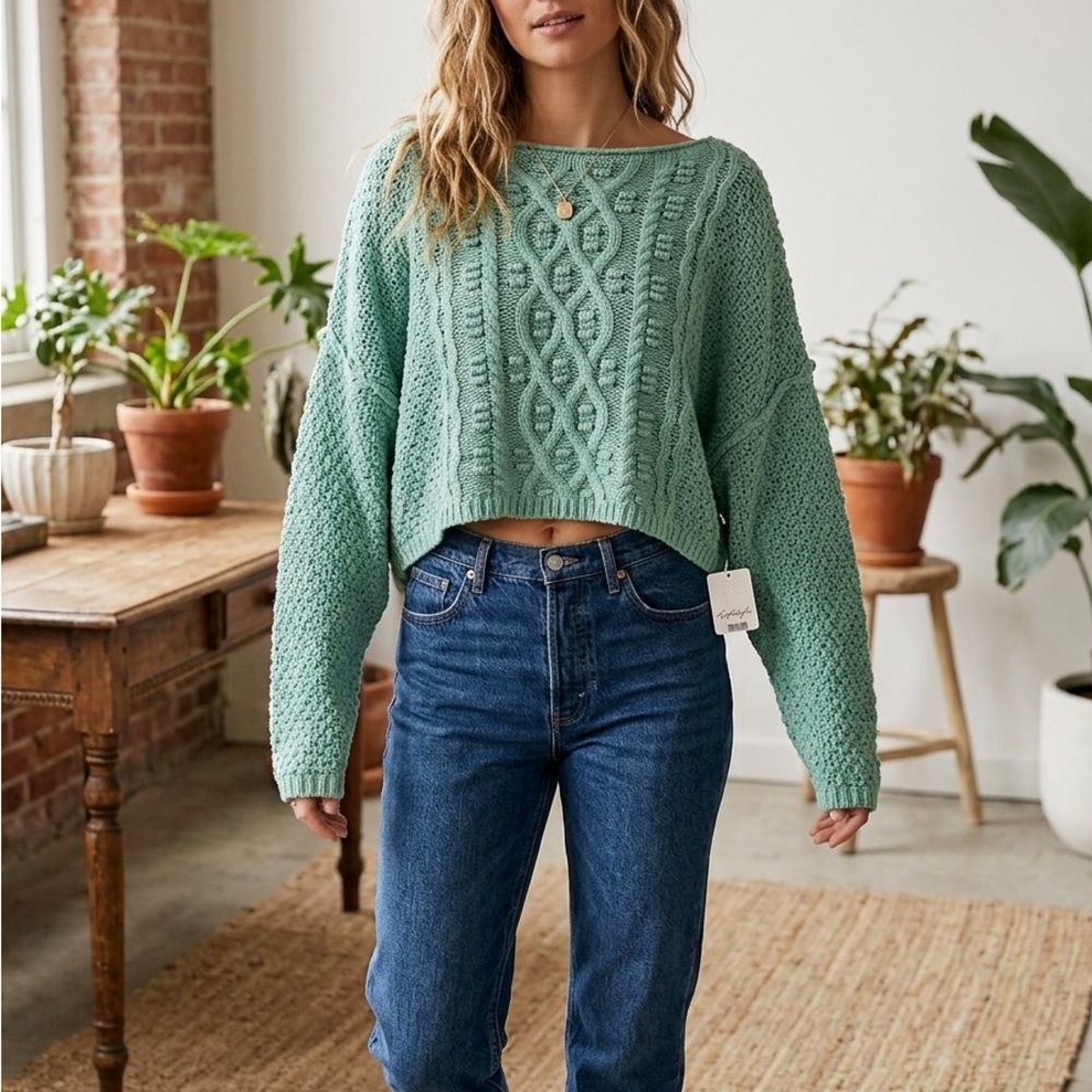 Free People Seafoam Green Cable Knit Cropped Sweater NWT